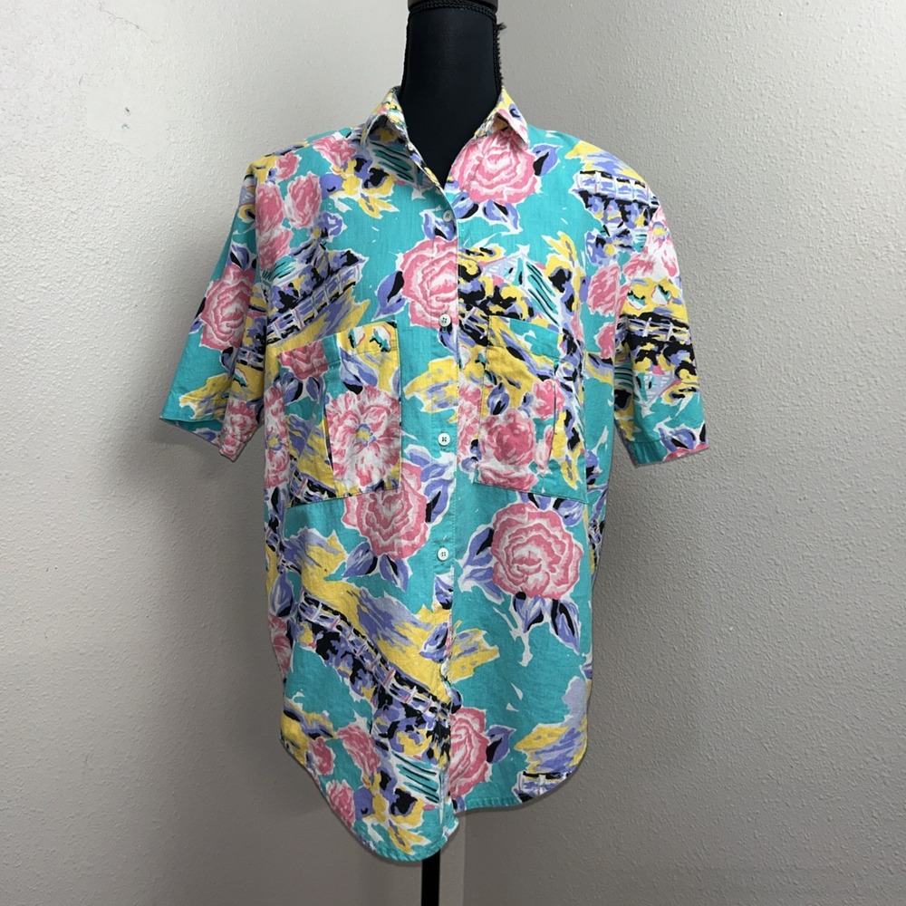 Vintage Cherokee Button Up Shirt Women's Medium‎ Floral Shoulder Pads USA Made